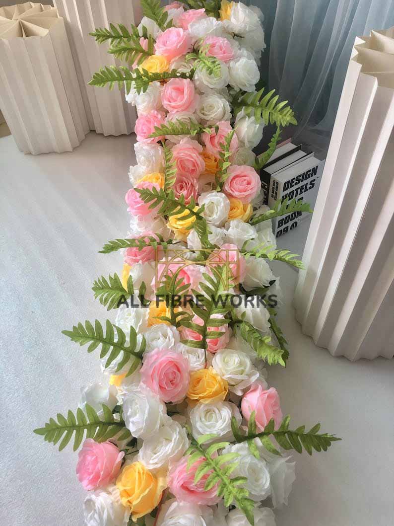 Pastel Rose Floral Runner with Fern Accents